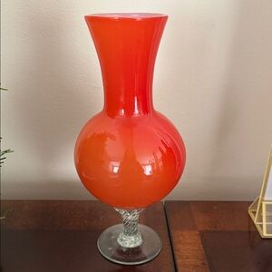 Elegant Orange mid century Glass Vase & Hand blown glass tulip stem 13”